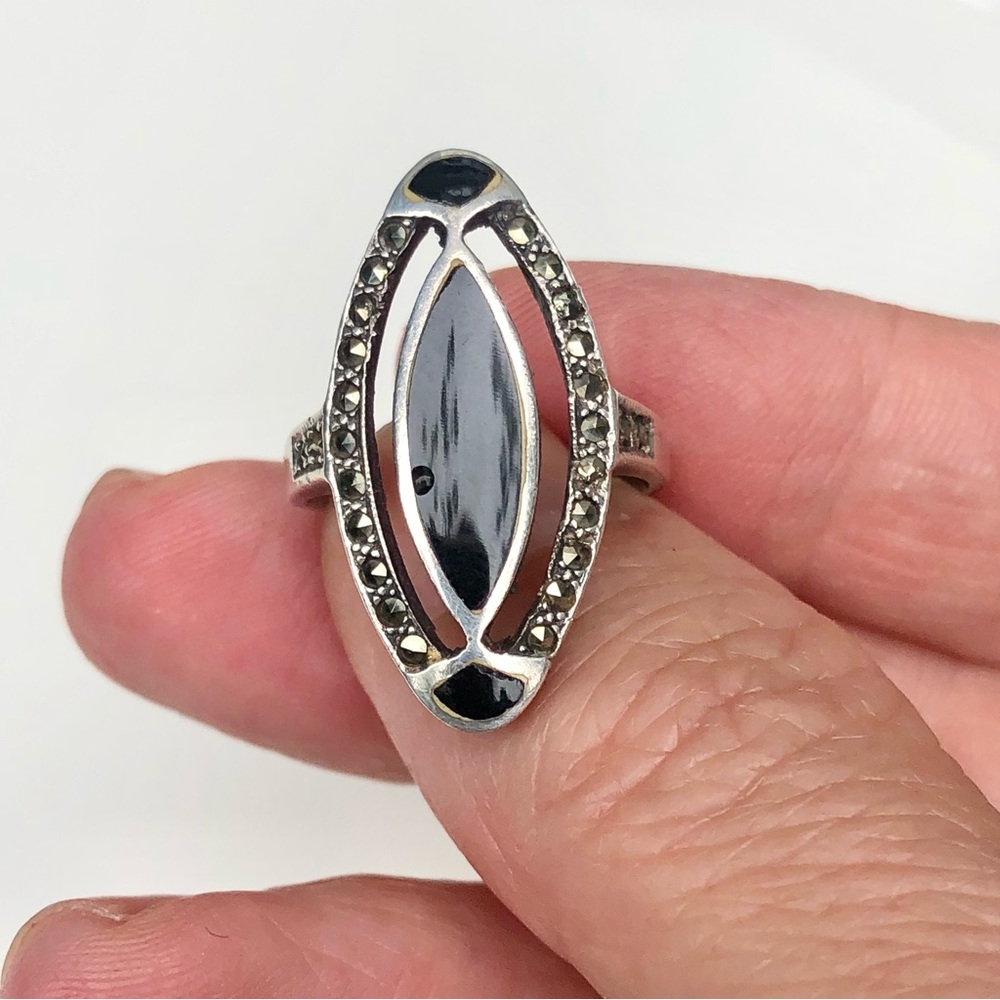 Vintage Silver, Onyx and Marcasite Ring